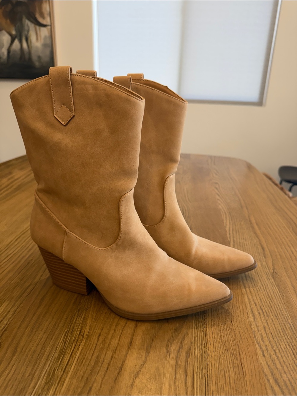 Tan Western Ankle Boots Pointed Toe Block Heel Size 10